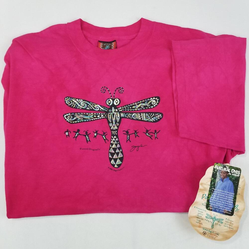 Vintage Dagoli Shirt Large Pink Painted Dragonfly Graphic Natural Dye Tee NWT